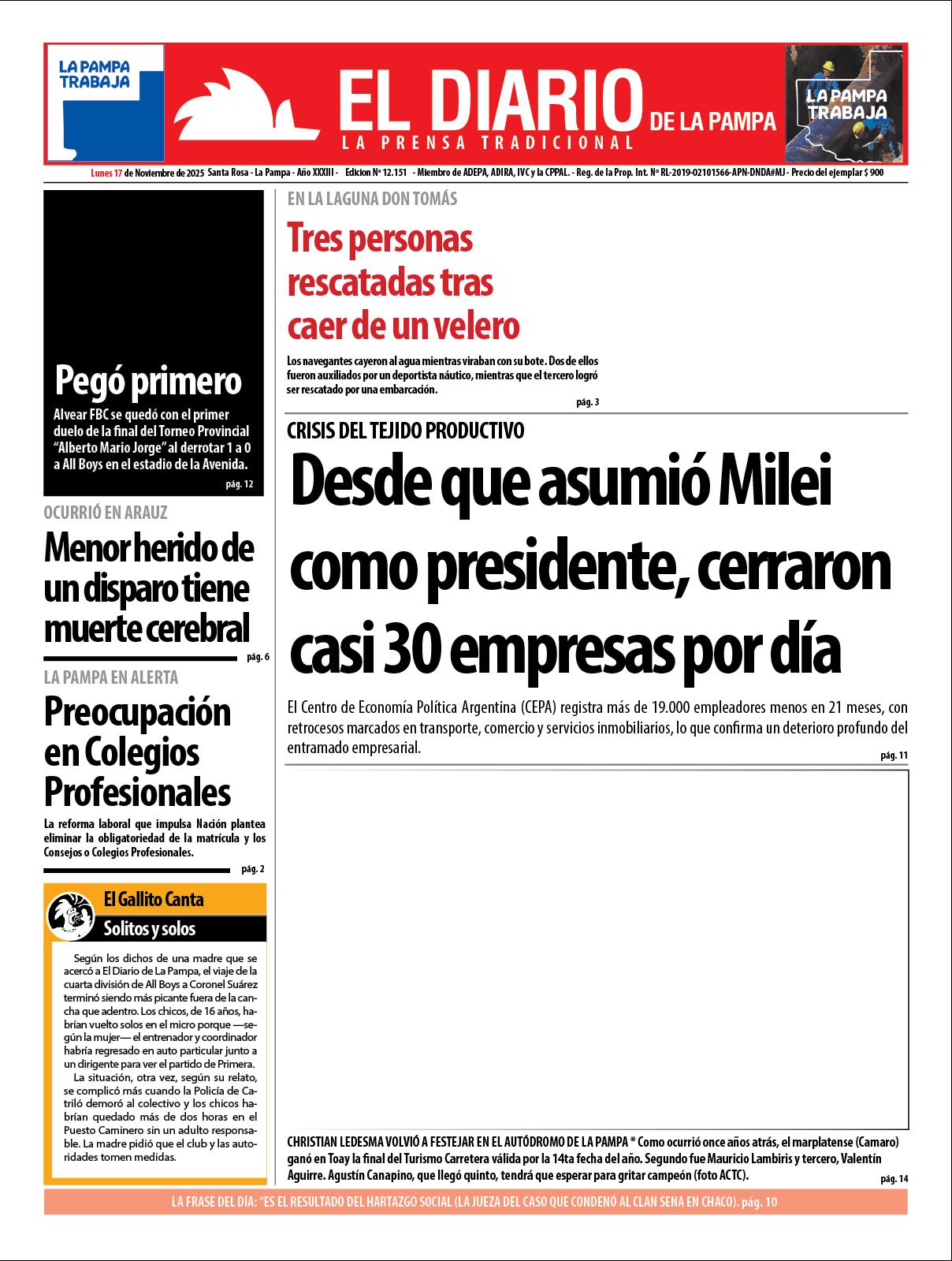 Tapa de El Diario en papel  lunes 17 de noviembre de 2025